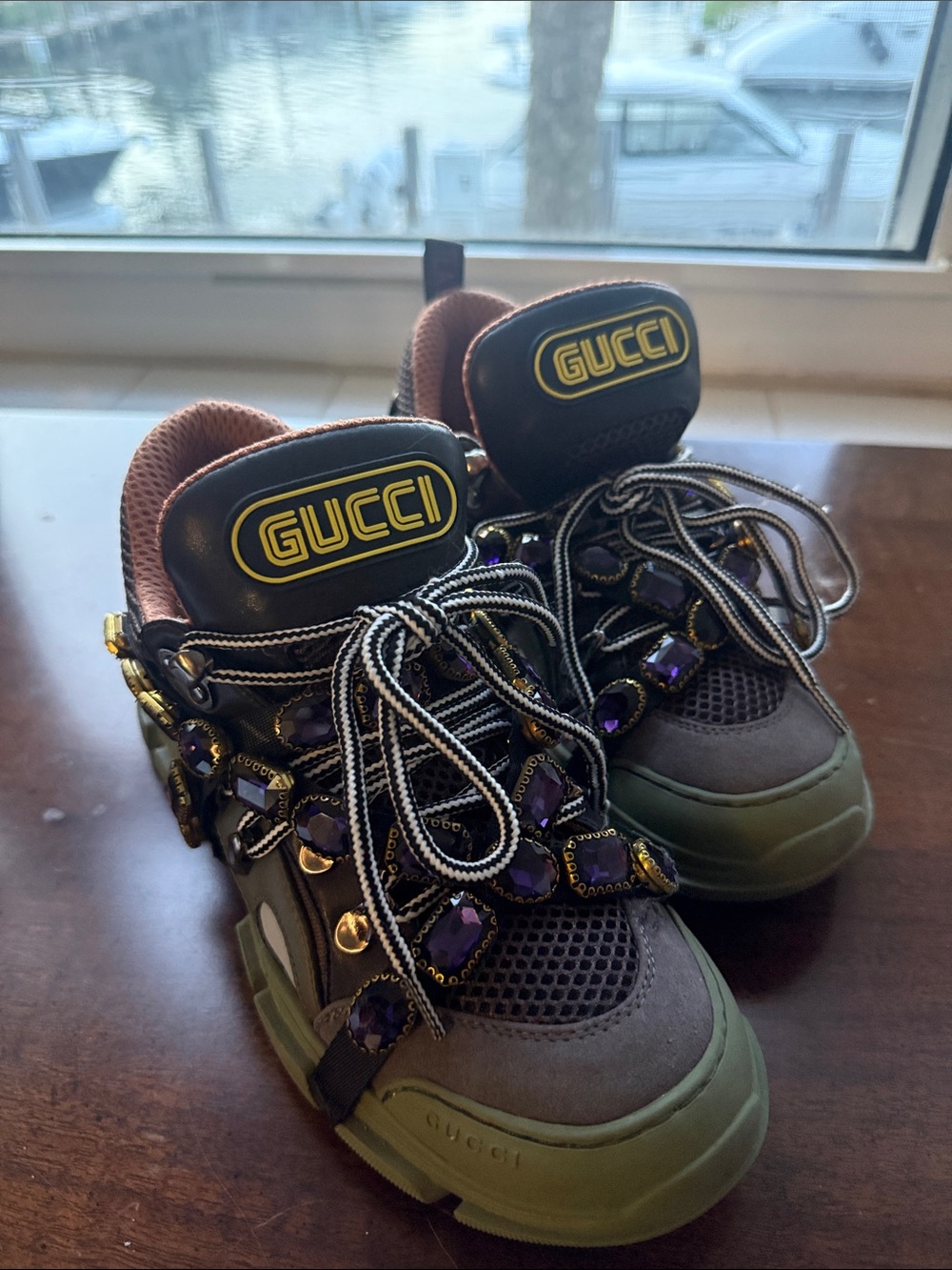 Gucci Green and Purple Jeweled Logo Sneakers